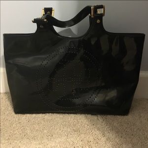 Black vinyl east- west Tory Burch bag